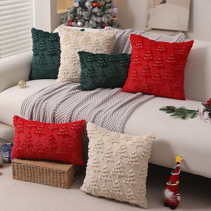 Christmas Pillow Covers 18x18 inch Set of 2 Soft Plush Faux Fur Christmas Decor Beige Xmax Tree Yellow Colored Lights Decoration Throw Pillow Case for Winter Holiday Sofa Living Room PT003C18