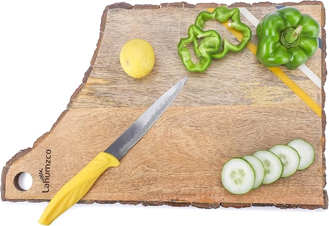 Mango Wood With Tree Bark Multi Cutting Board, Chopping Board, Cheese Board, Bread, and Charcuterie - Decorative Wooden Serving Board for Kitchen and Dining 14x9 Inches