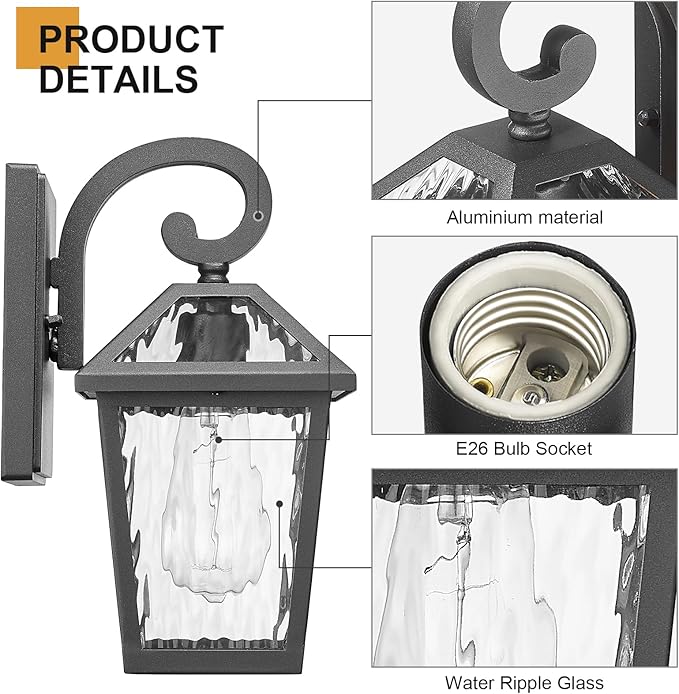 Outdoor Lights Fixtures Wall Mount, Outdoor Wall Lantern with Water Ripple Glass, Waterproof Outside Exterior Wall Sconce Lights Fixture for House, Front Porch, Patio, Matte Black, 2Packs