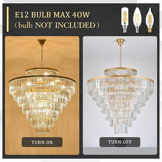 8 Tiers Large Gold Crystal Chandeliers 28 Lights 43.3" Modern Luxury Chandelier for High Ceiling Foyer Round K9 Ceiling Pendant Light Fixture for Living Dining Room Hotel Lobby
