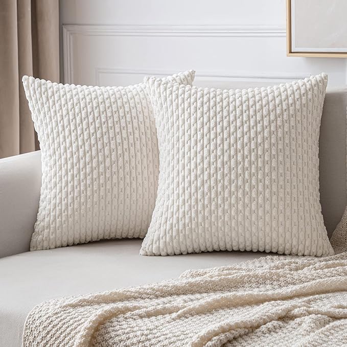MIULEE Christmas Throw Pillow Covers Soft Corduroy Decorative Set of 2 Boho Striped Pillow Covers Pillowcases Farmhouse Home Decor for Couch Bed Sofa Living Room 18x18 Inch Pure White