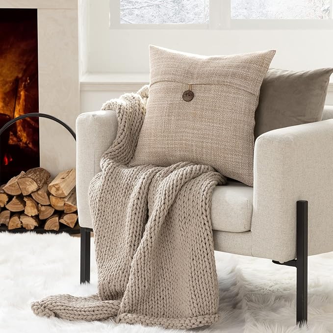 Phantoscope Pack of 2 Farmhouse Throw Pillow Covers Button Vintage Linen Decorative Pillow Cases for Couch Bed and Chair Beige 18 x 18 inches 45 x 45 cm
