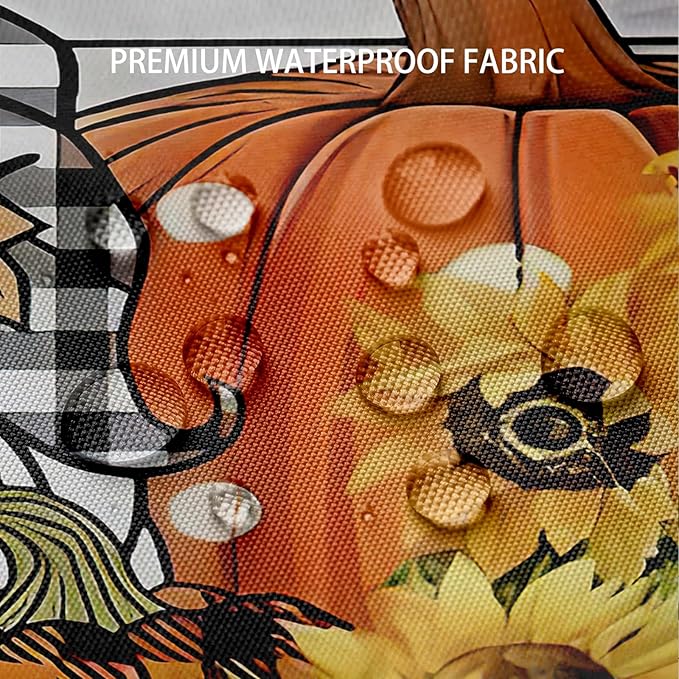 Fall Gnome Plaid Pumpkin Shower Curtain Autumn Maple Leaves Sunflower Orange Plaid Thanksgiving Farmhouse Bathroom Curtains Waterproof Polyester Fabric Bath Curtain 72 x 72 Inch with 12 Hooks