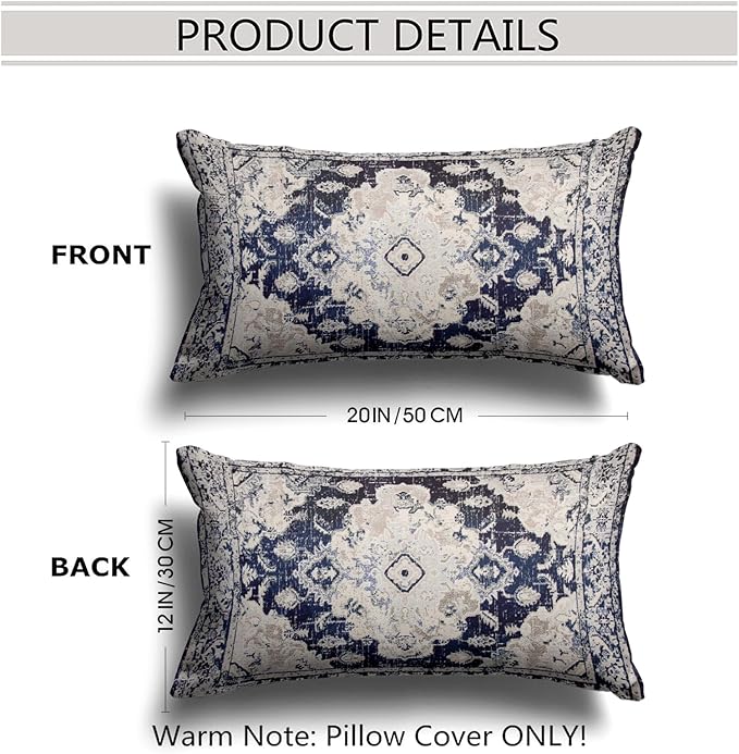 Snycler Boho Throw Pillow Covers 12x20 inch Set of 2 Boho Rug Carpet Double Sided Pattern Cotton Soft Pillow Case Cushion Cover Pillowcase for Couch Sofa Bed Decorative (Navy Blue)