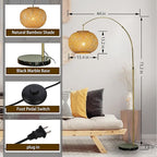 ALOADECOR 77" 1-Light Antique Bronze Arc Floor Lamp with Hand-Woven Bamboo Shade and Black Marble Base Farmhouse Rattan Floor Lamp for Living Room Dining Room Bedroom