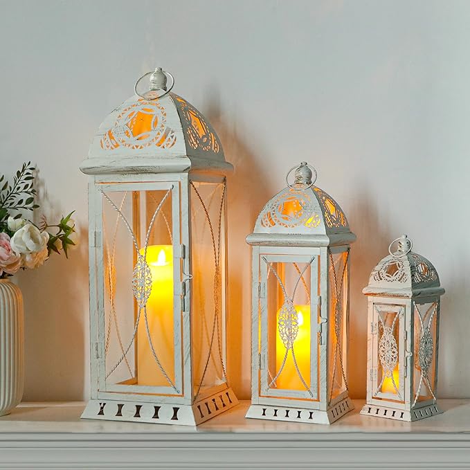 TRIROCKS Set of 3 Large Decorative Candle Lanterns 22''&16"&11" H Vintage Candle Holders for Garden Yard Patio Wedding Parties Events Christmas Indoors Outdoors(Beige with Gold Brush)