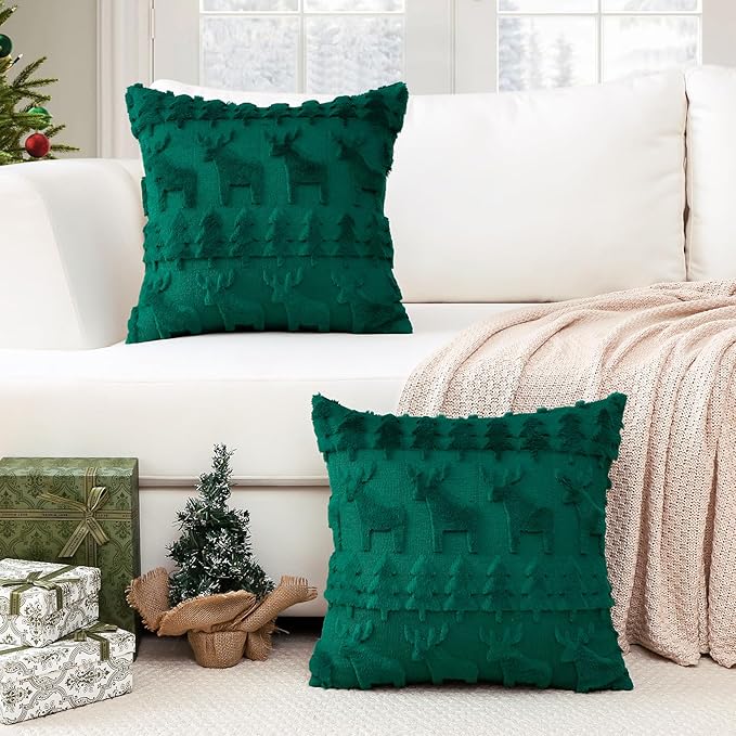 OTOSTAR Set of 2 Xmas Soft Plush Short Wool Velvet Decorative Throw Pillow Covers Square Luxury Style Cushion Case Pillow Shell for Sofa Bedroom Christmas Tree and Elk Green, 18x18 Inch