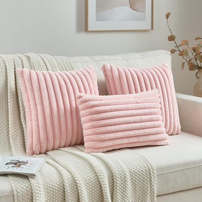 FUTEI Pink Striped Decorative Throw Pillow Covers 12x20 Inch Set of 2,Rectangle Winter Decorations Couch Lumbar Pillowcase,Soft Cozy Faux Rabbit Fur & Velvet Back,Modern Home Decor for Bed
