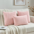 FUTEI Pink Striped Decorative Throw Pillow Covers 12x20 Inch Set of 2,Rectangle Winter Decorations Couch Lumbar Pillowcase,Soft Cozy Faux Rabbit Fur & Velvet Back,Modern Home Decor for Bed