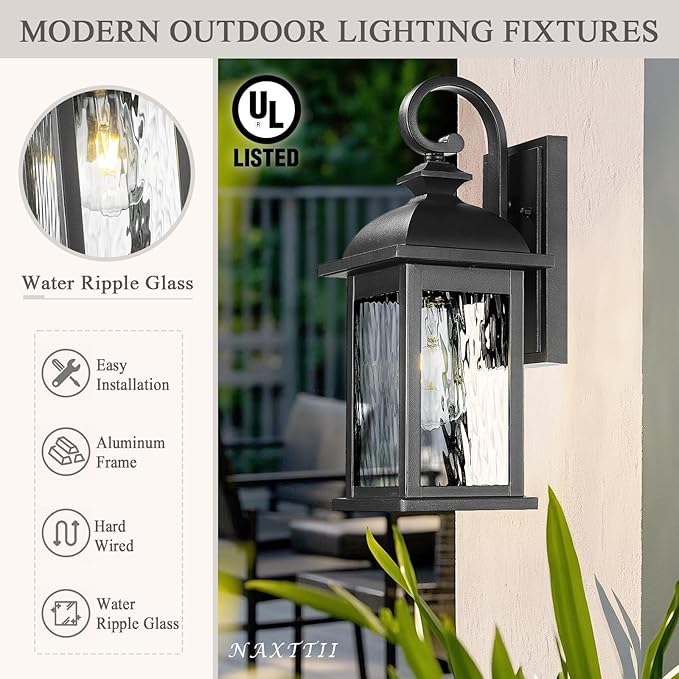 Outdoor Wall Lantern Waterproof Porch Sconces Wall Mounted Lighting Matte Black Exterior Wall Lights with Water Ripple Glass for House Garage Doorway 21 Inch Height E26 Socket