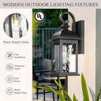 Exterior Lighting Fixtures 15 Inch Black Outdoor Wall Lights with Water Ripple Glass for Porch Front Door E26 Socket