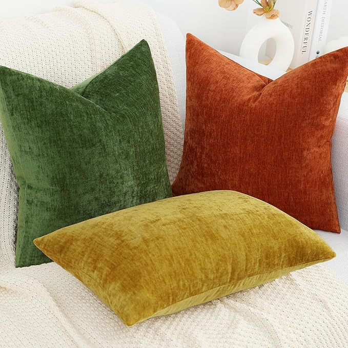 decorUhome Chenille Rust Fall Throw Pillow Covers 22x22 Inch Set of 2, Decorative Soft Couch Pillow Covers Solid Dyed Accent Velvet Farmhouse Neutral Square Pillow Cases for Sofa Bed Living Room