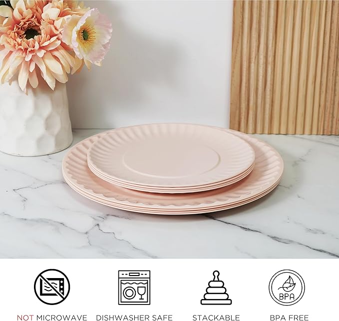 TP 8-Piece Melamine Plates Set, 10.5" & 8" Lightweight Reusable Dinner Plates for Picnic, Party & Outdoor Dining, Unbreakable Dishwasher Safe Tableware, Light Pink