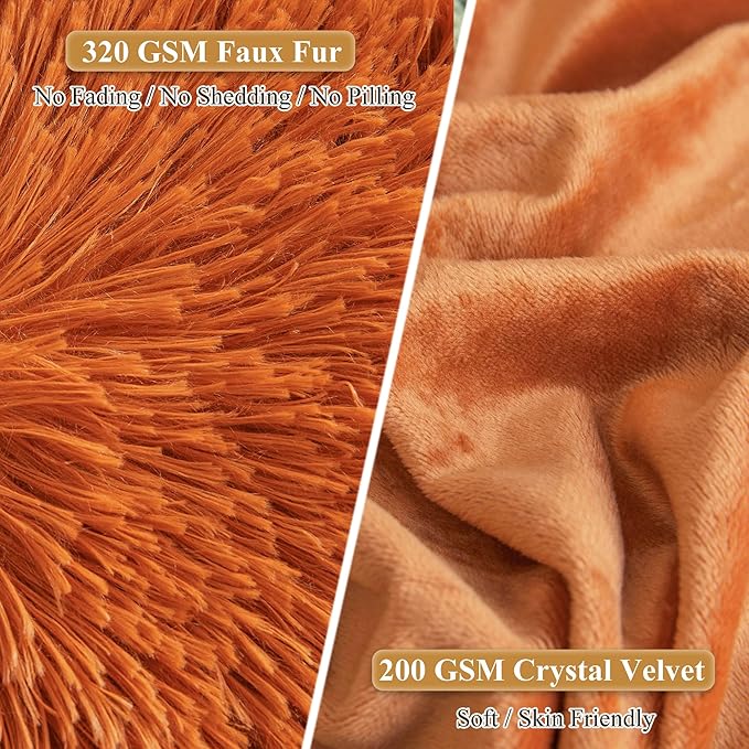 XeGe Faux Fur Throw Pillow Covers, Luxury Fluffy Plush Pillow Cases, Shaggy Decorative Pillow Shams Cushion Cover for Sofa Bed Couch Zipper Closure, Pack of 2 (18''x18'', Burnt Orange)