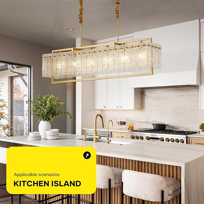 Modern Rectangle Gold Crystal Chandeliers for Dining Room, 6 Lights 44" Large Rectangular Water Ripple Glass Kitchen Island Light Fixture, Linear Farmhouse Pendant Light Fixture Over Table