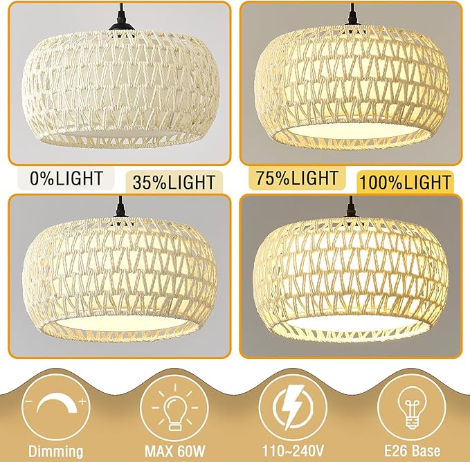 Boho Rattan Chandelier Light Fixture, 1-Lights Farmhouse Pendant Light Hand Woven Chandeliers for Dining Room with Fabric Shade Rustic Chandeliers Hanging Light Fixtures for Kitchen Island