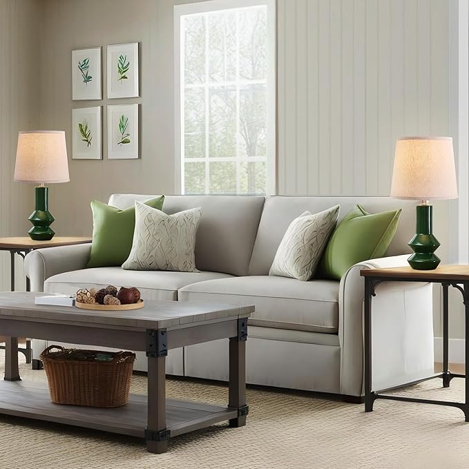 20" Green Ceramic Table Lamp Set of 2-3-Way Dimmable Nightstand Lamps with Pallid Shade for Bedroom Farmhouse Bedside Nightstand Bedside Lamp End Table Lamps (Dark Green)