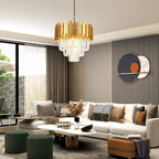 3-Tier 15.8" Crystal Gold Chandelier Modern Crystal Pendant Chandeliers 5 Lights Round Hanging Lighting for Dinning Room Kitchen Island Bedroom Living Room Foyer Entryway, E12