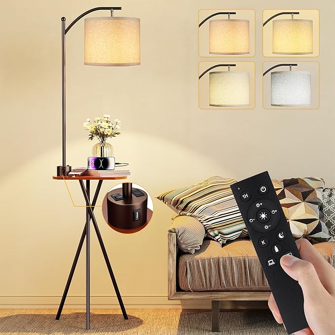 ROTTOGOON Floor Lamp with Table, End Table Lamp with Remote Control and Charging Station(USB & Type-C & AC Port), 4 Color Temperatures, Floor Lamps for Living Room, Bedroom and Home Office,Brown