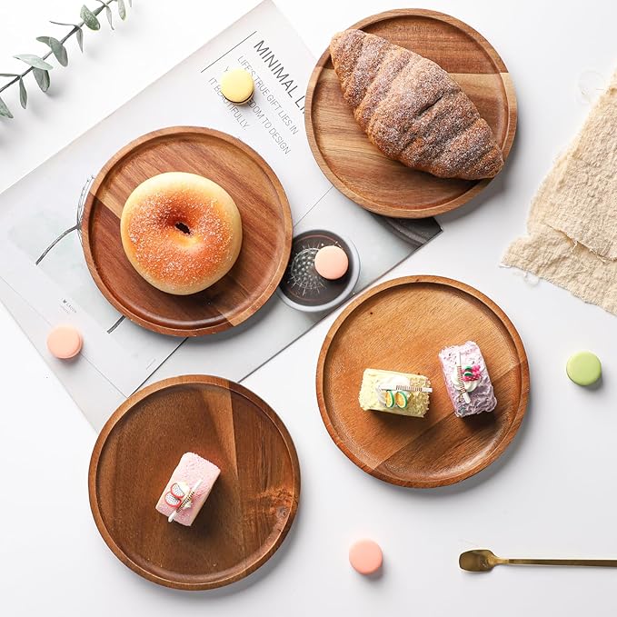 Wooden Acacia Plates of 4, 6Inch Round Wood Plates Acacia Wooden charcuterie boards Serving Tray for Dishes Snack Dessert