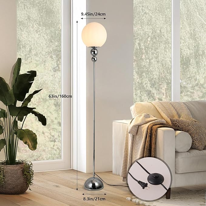 Modern Glass Floor Lamp for Bedroom, 63'' Vintage Mid-Century Floor Lamp with Milky White Frosted Glass Globe Shade for Living Room Corner, Slim Standing Reading Lamp for Office Decor (Chrome)