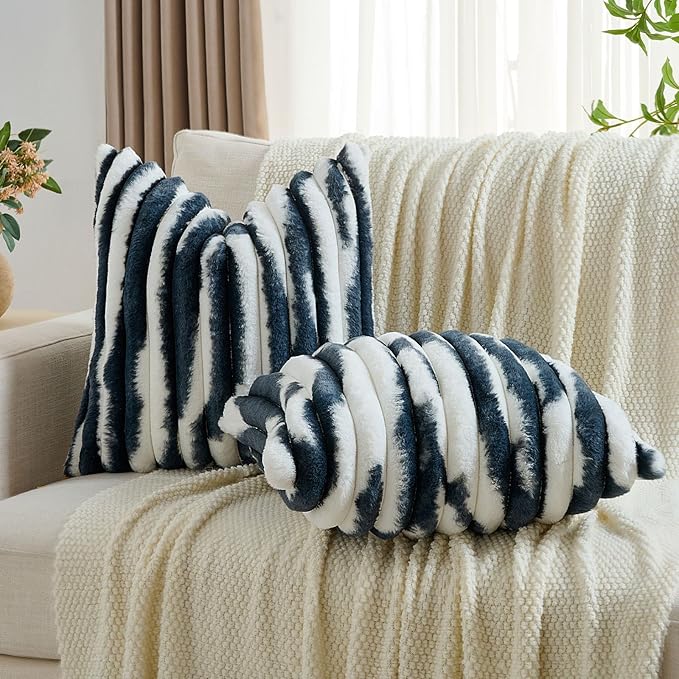 FUTEI Navy Blue Decorative Throw Pillow Covers 26x26 Inch Set of 2, Soft Tie-Dye Faux Rabbit Fur Striped Texture Euro Pillow Sham, Modern Home Decor for Couch Bed Living Room