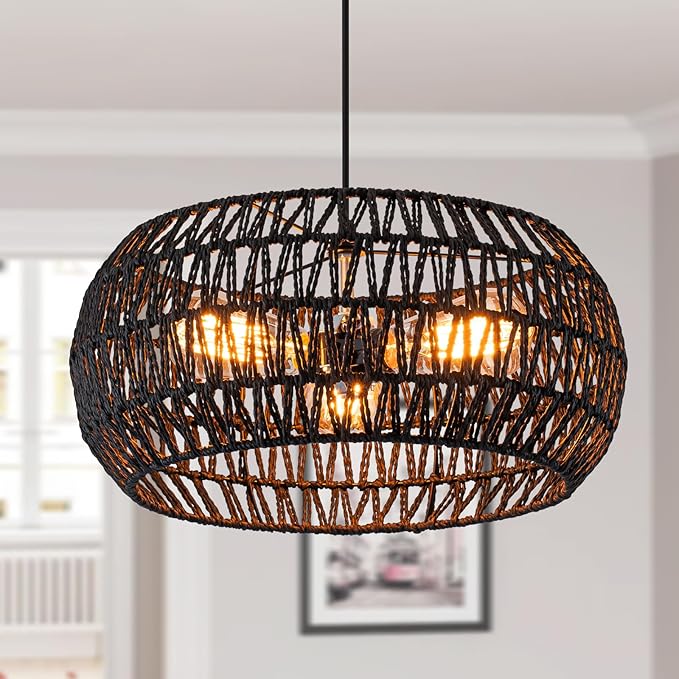 Black Boho Hanging Light Fixture Rattan Chandeliers Drum Pendant Lights for Dinning Room Wicker Chandelier Ceiling Hanging Light Basket Woven Chandelier for Bedroom Hallway Entrance Kitchen Island