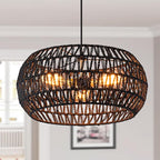 Black Boho Hanging Light Fixture Rattan Chandeliers Drum Pendant Lights for Dinning Room Wicker Chandelier Ceiling Hanging Light Basket Woven Chandelier for Bedroom Hallway Entrance Kitchen Island