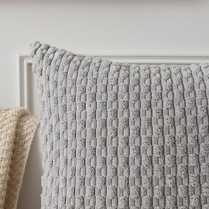 Kevin Textile Set of 2 Super Soft Striped Corduroy Velvet Decorative Euro Throw Pillow Sham Cushion Cover for Bed 20x20 Inch(50cm) Light Grey
