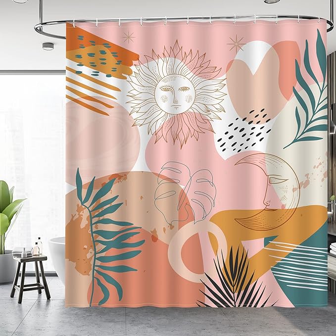Aimego Boho Shower Curtain Modern Abstract Minimalist Sun Moon Plant Leaves Bohemian Shower Curtain Set with 12 Hooks for Bathroom Decor, 72"x72"