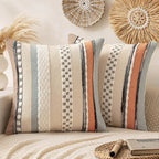 ANRODUO Pack of 2 Boho Decorative Throw Pillow Covers 18x18 Farmhouse Cushion Case Striped Chenille Pillow Cases Square Pillow Covers Accent Neutral Pillowcase for Sofa Couch Bed, Orange-Blue Stripe