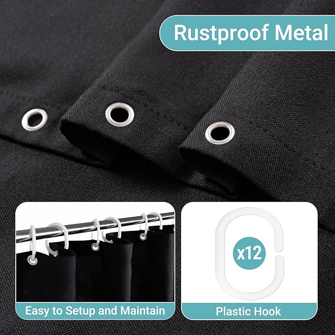 Black Shower Curtain Set for Bathroom, Heavy Duty Cloth Fabric Bath Curtain Set with 12 Plastic Hooks Simple Hotel Spa Quality Luxury Shower Curtains for Bathroom, Water Repellent, 72Wx72L