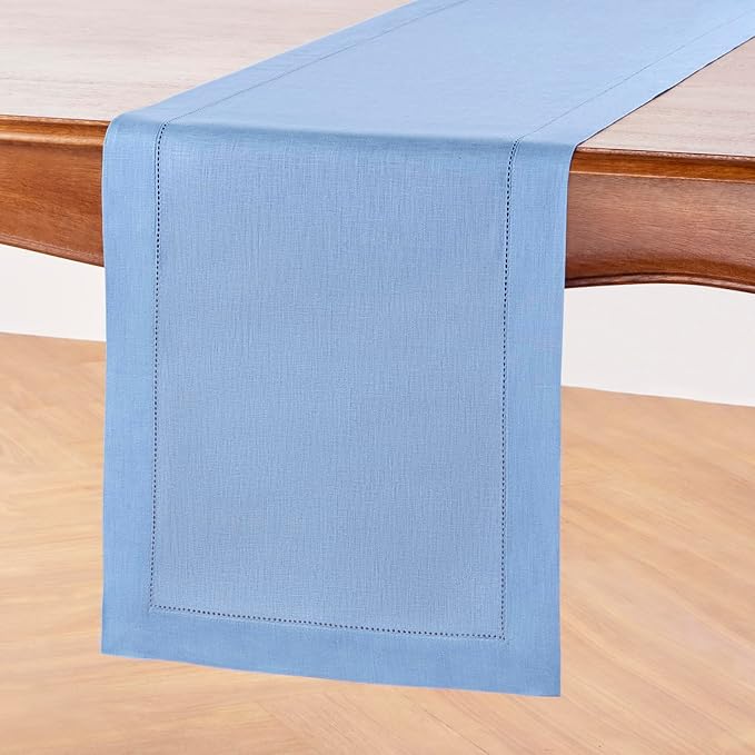 Solino Home Linen Cornflower Blue Hemstitch Table Runner 36 Inches - 100% Pure Linen Small Table Runner 14 x 36 Inch Ideal for Dresser and Coffee Tables - Classic Hemstitch - Christmas, Holiday
