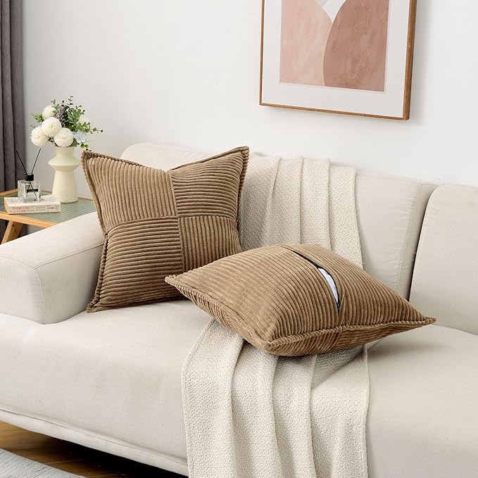 HAUSSY Brown Decorative Throw Pillow Covers 24x24 Inch Set of 2,Soft Solid Corduroy Striped Cushion Case,Square Euro Pillow Shams,Winter Home Decorations for Couch,Bed