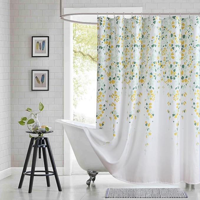 90 Inch Fabric Shower Curtain, Extra Long Yellow and Sage Green Floral Shower Curtains for Bathroom, Waterproof Bathroom Curtains, 72" W x 90" H