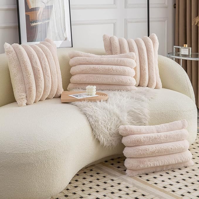 Neelvin Beige Faux Fur Cozy Soft Striped Decorative Throw Pillow Covers 18x18 inch Set of 2,Velvet Pillowcase Cushion Case for Sofa Couch