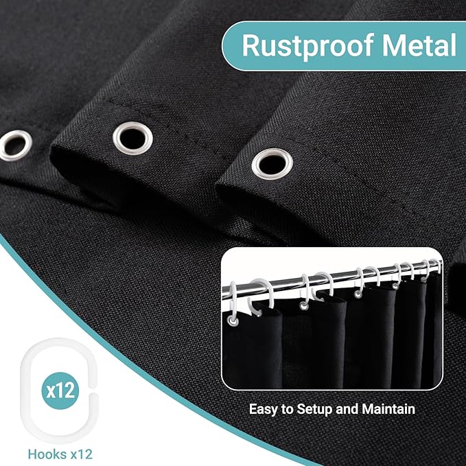 Linen Shower Curtain with 6 Hooks Modern Heavy Duty Washable Fabric Curtain Set Waterproof Thick Cloth Shower Curtains for Bathroom Bathtub Washable, W36*L70, Black