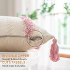 Boho Throw Pillow Covers 12x20 Set of 2 Woven Tufted Farmhouse Pillows Cover with Tassels Textured Striped Cushion Case Lumbar Pillow Cases Decorative Pillowcase for Sofa, Couch, Bed, Pink