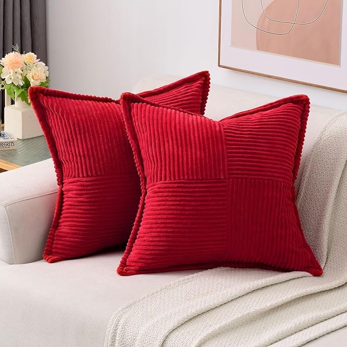 HAUSSY Red Throw Pillow Covers 18x18 Inch Set of 2,Soft Solid Corduroy Striped/Wide Bordered,Square Decorative Cushion Case,Spring Home Decorations for Couch,Bed