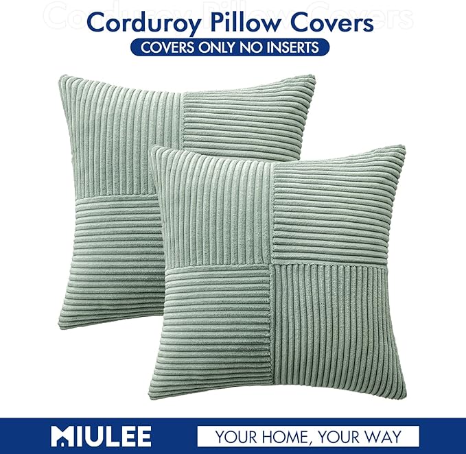 MIULEE Greyish Green Corduroy Pillow Covers Pack of 2 Boho Decorative Spliced Throw Pillow Covers Soft Solid Couch Pillowcases Cross Patchwork Textured Covers for Living Room Bed Sofa 16x16 inch
