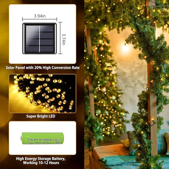 2 Pack 480 LED Solar String Lights for Outside, 170 FT Super Long Solar Chrismas Lights Outdoor with 8 Modes & Memory Function, Waterproof Twinkle Light for Xmas Tree Party Decorations (Warm White)