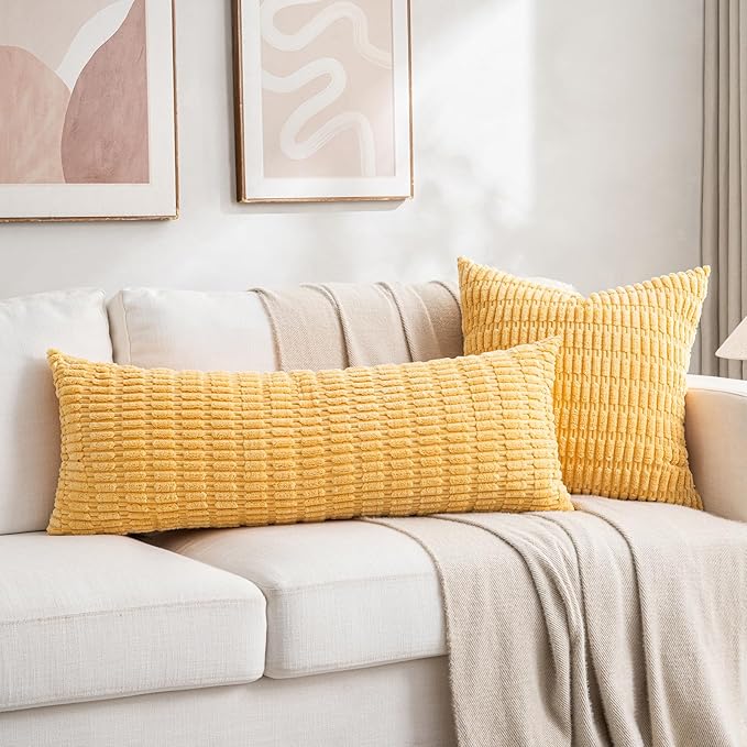 Fancy Homi 1 Pack Yellow Spring Long Lumbar Body Decorative Throw Pillow Covers 20x54 Inch for Bed Couch Bedroom Bench, Soft Corduroy Rectangle Solid Pillow Case 50x137 cm, Rustic Farmhouse Boho Decor