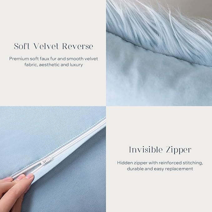Phantoscope Pack of 2 Faux Fur Solid Throw Decorative Pillow Cover Cushion Covers Luxury Soft Decorative Pillowcase Fuzzy Pillow Covers for Bed/Couch,Light Blue 20 x 20 Inches