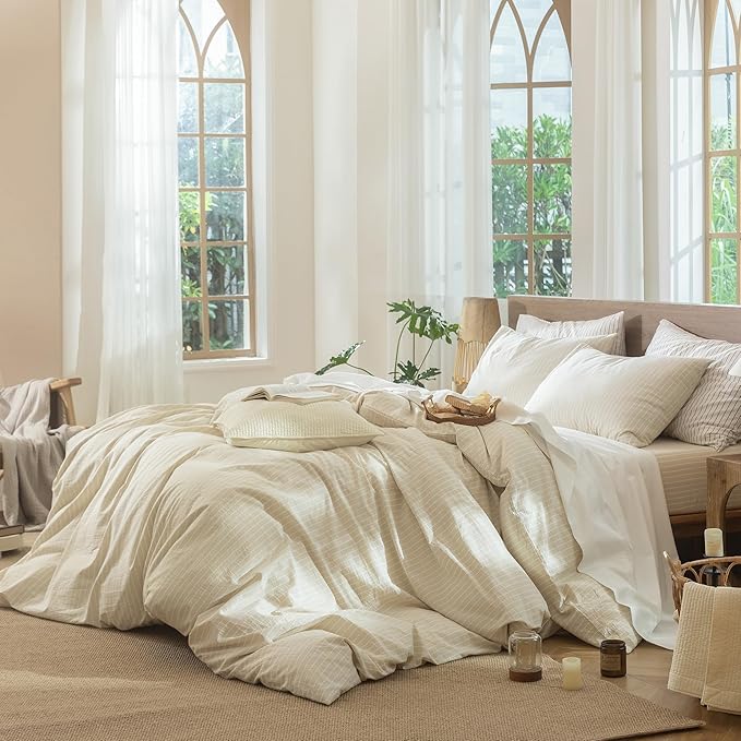 MooMee Striped Duvet Cover Set 100% Washed Cotton Linen Like Textured Breathable Durable Soft Comfy (Almond Milk Grey White Wide Stripes, Cal King 104"x98")
