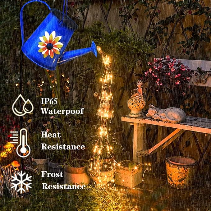 Blue Solar Watering Can with Light,Solar Powered Waterfall Lights 1 Pack 60 LED(Includes Shepherd Hook) for Garden,Yard, Path, Christmas Holiday Decoration