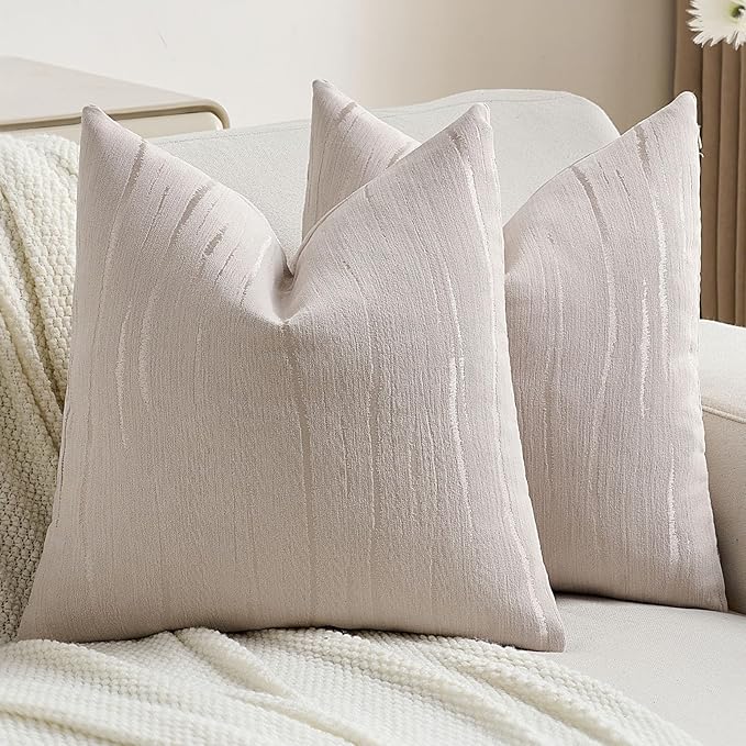 FUTEI Beige Chenille Decorative Throw Pillow Covers 24x24 Inch Set of 2,Soft Embossed Striped Textured European Cushion Case,Modern Home Decor for Couch Bed Living Room