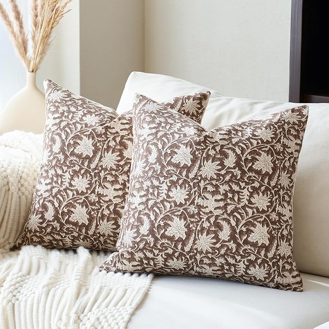 Floral Throw Pillow Covers 20x20 Farmhouse Block Print Pillow Covers Decorative Pillow Covers Couch Pillows for Living Room Vintage Accent Sofa Pillows Set of 2, Brown