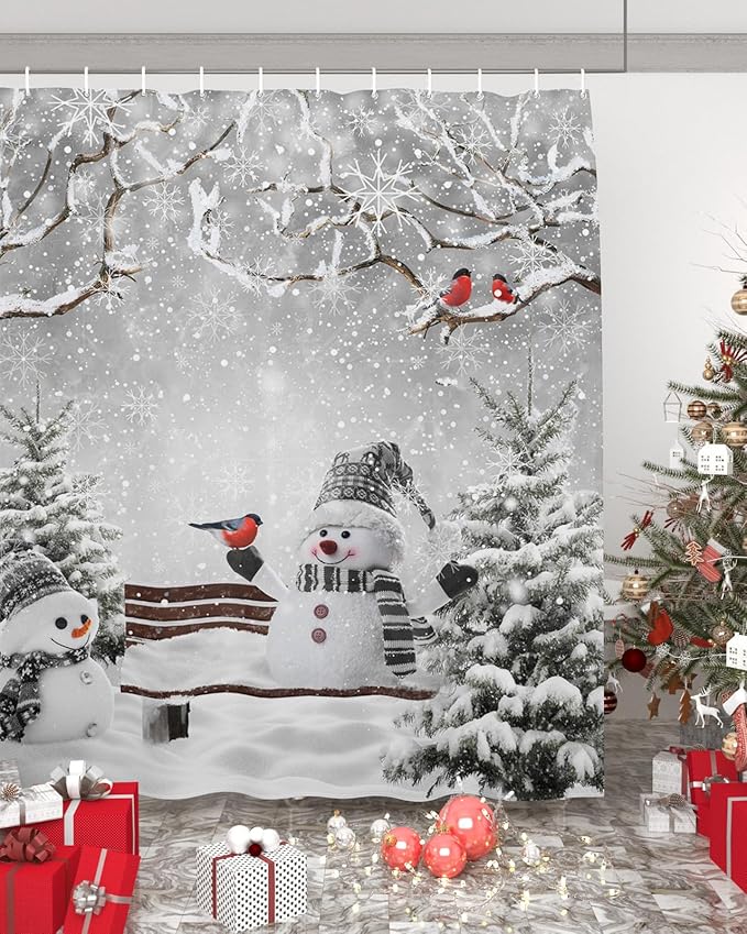 Vandarllin Winter Christmas Shower Curtain, Cute Snowman Cardinals Shower Curtains Set with Hooks, GreySnowy Pine Forest Waterproof Fabric Bathroom Curtains Decor Home Accessories,Stall 48 X 72 Inch