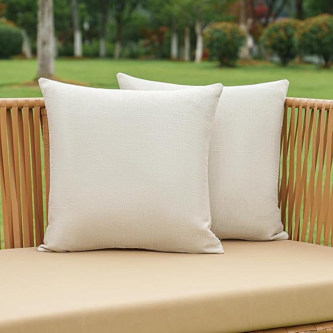 NiNi ALL Pack of 2 Decorative Outdoor Waterproof Pillow Covers Square Linen Textured Garden Cushion Sham Throw Pillowcase Set of 2 for Patio Farmhouse Garden Tent Couch 18x18 Inch Beige