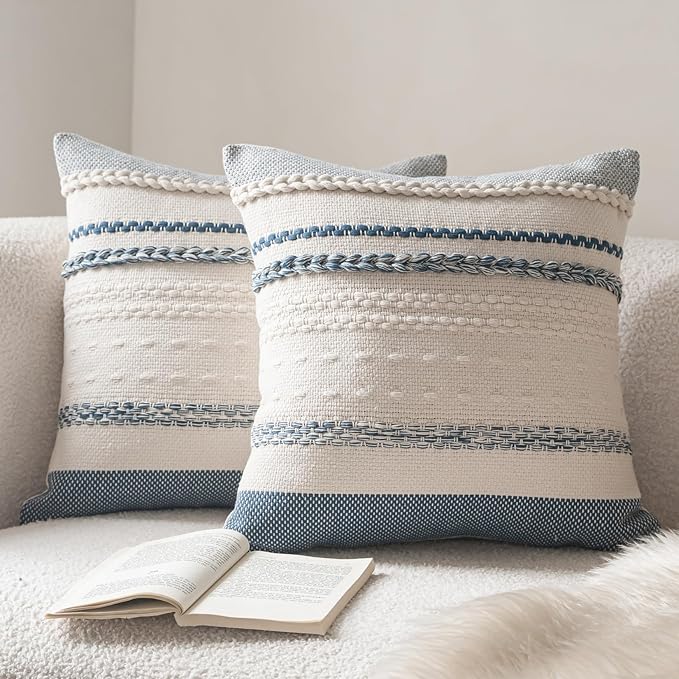 Boho Throw Pillow Covers 20x20 Inch Set of 2, Blue Textured Decorative Couch Pillow Cases for Farmhouse Home Decor, Accent Cushion Cover for Sofa, Bed, Living Room, Bedroom